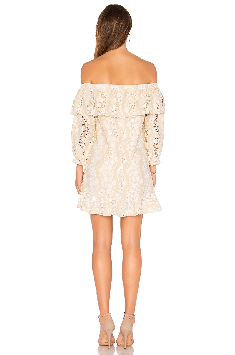 ENDLESS ROSE Off Shoulder Lace Dress With Tie in Ecru