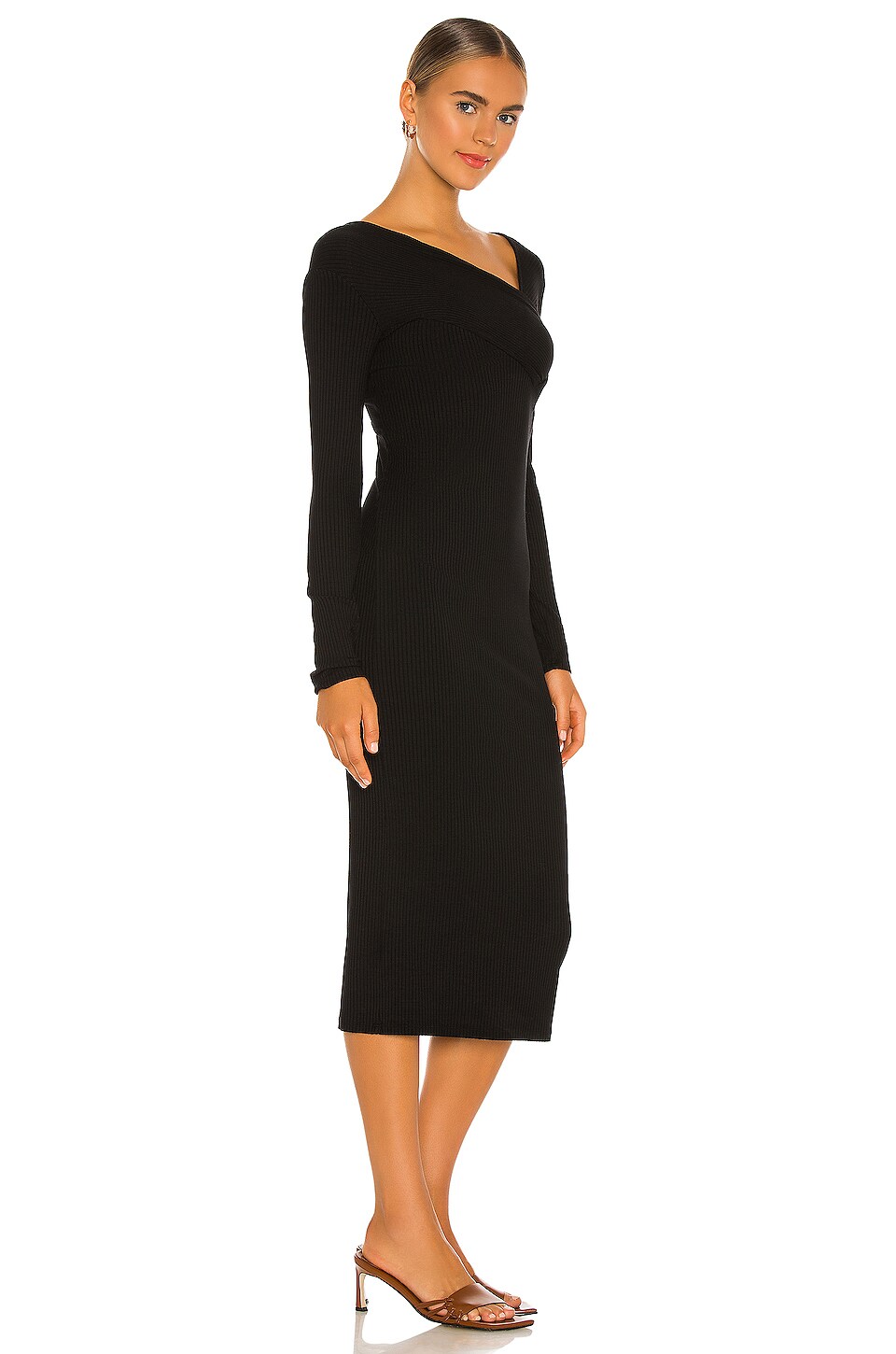 Enza Costa Viscose Rib Asymmetrical Wrap Midi Dress in Black