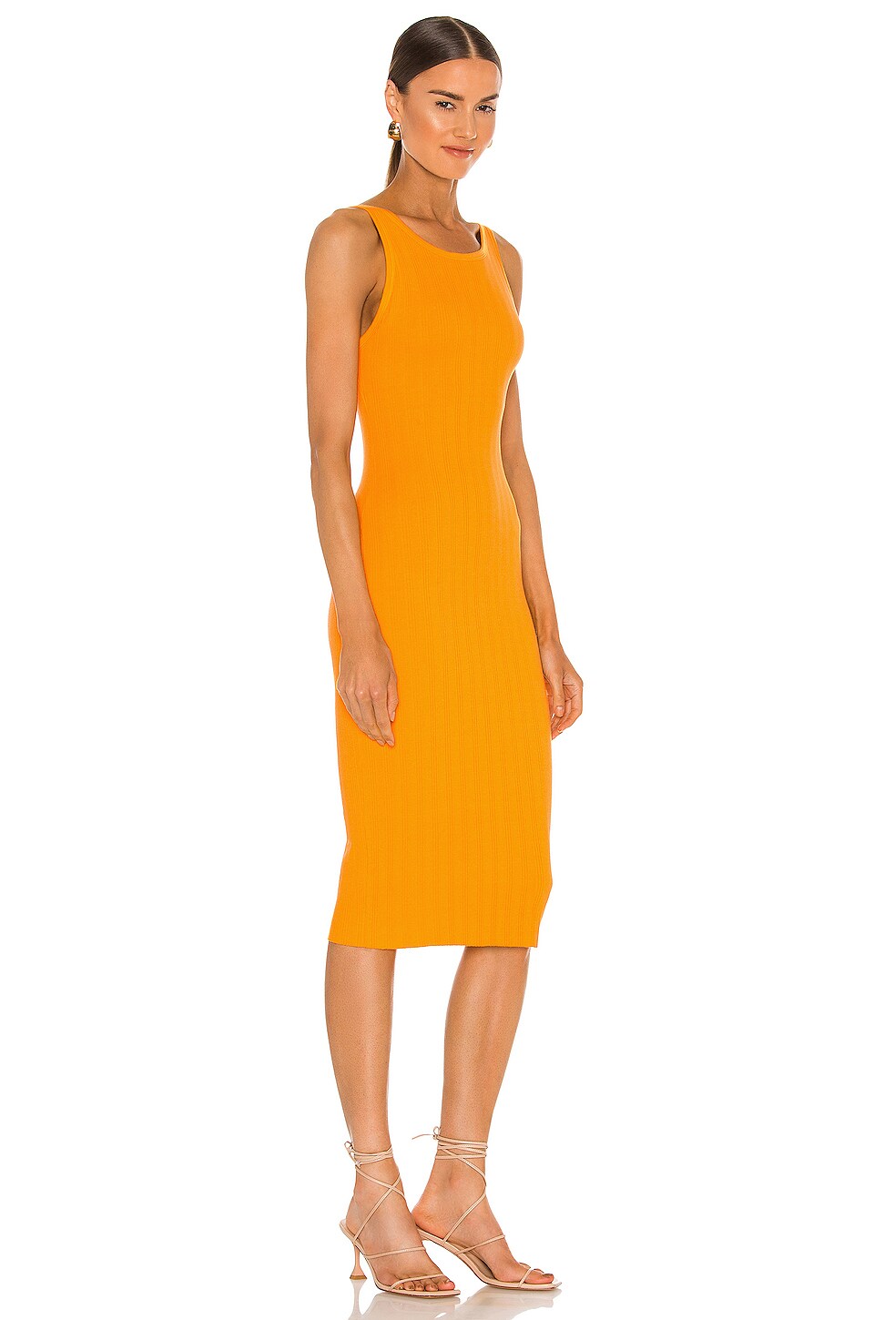 orange knitted rib scoop detail split midi dress