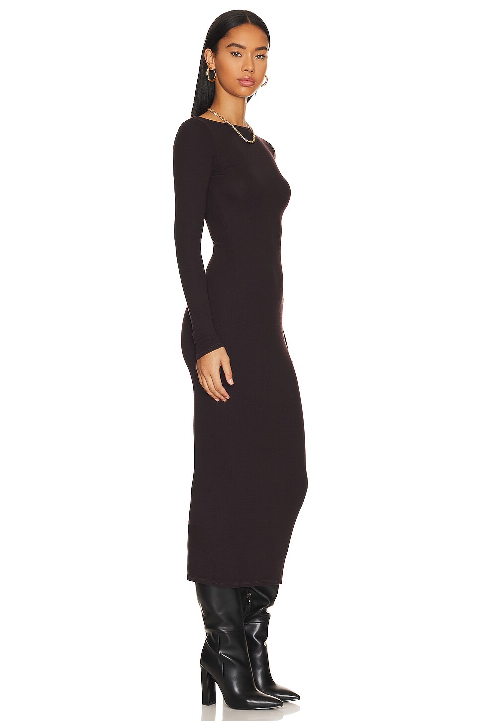 Enza Costa Knit Long Sleeve Scoopback Dress in Bitter Brown