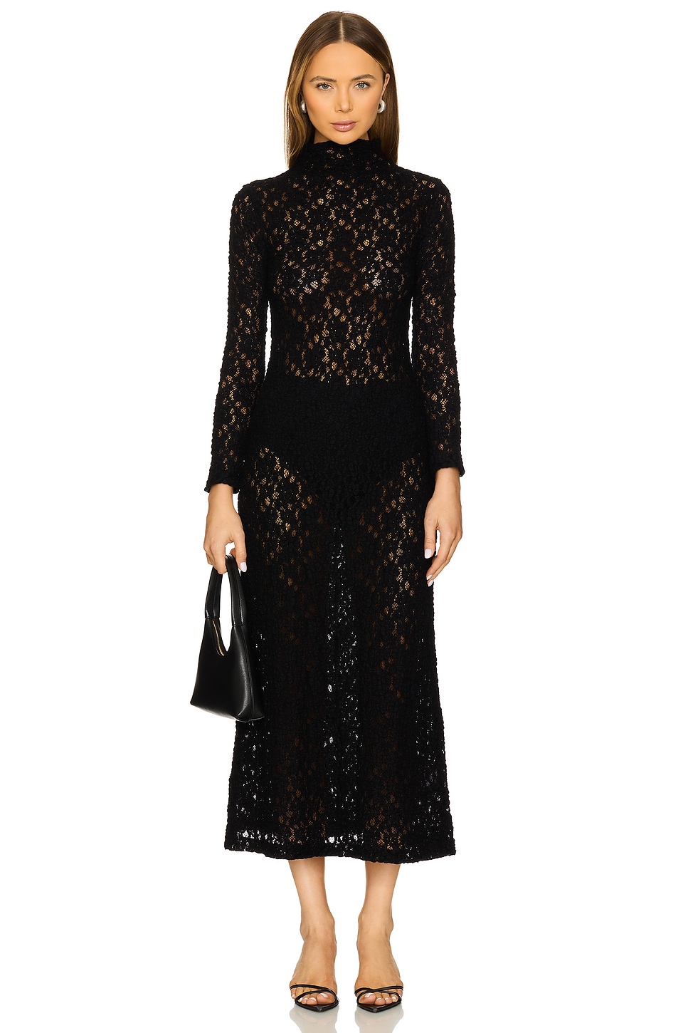 Enza Costa Puckered Lace Mockneck Dress in Black | REVOLVE