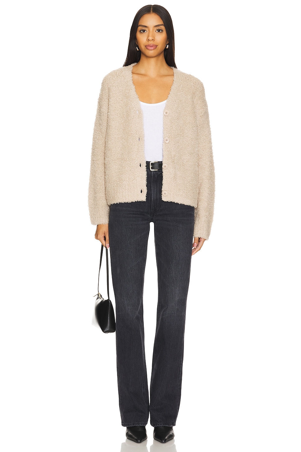 Enza Costa Wool Feather Boxy Cardigan in Stone | REVOLVE