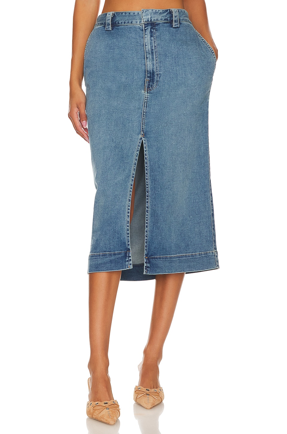 Enza Costa Soft Touch Slit Skirt in Mid Wash | REVOLVE