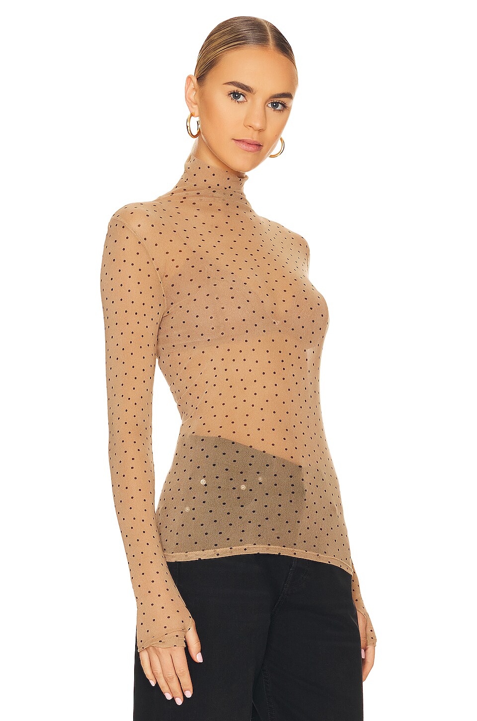 Enza Costa Mesh Turtleneck in Khaki Dot