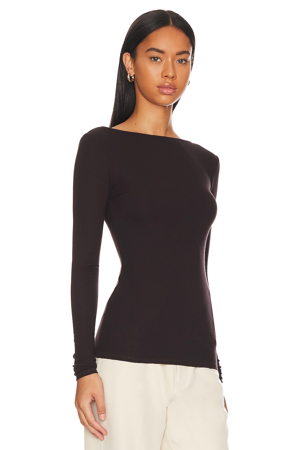Enza Costa Knit Long Sleeve Scoopback Top in Bitter Brown
