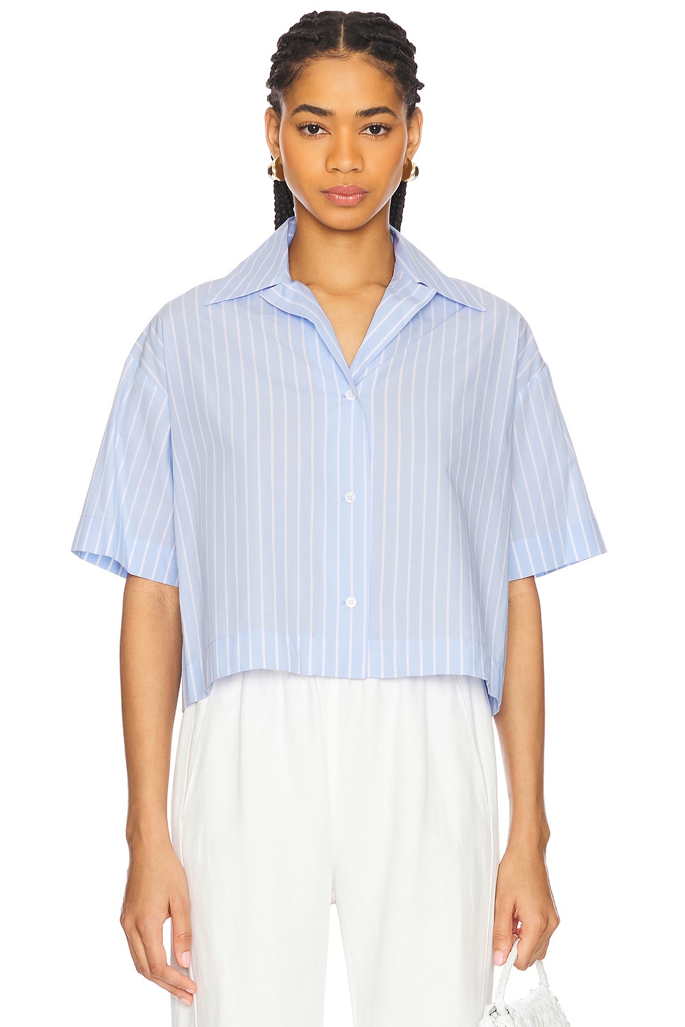 Enza Costa Cropped Short Sleeve Shirt in Light Blue & White Stripe