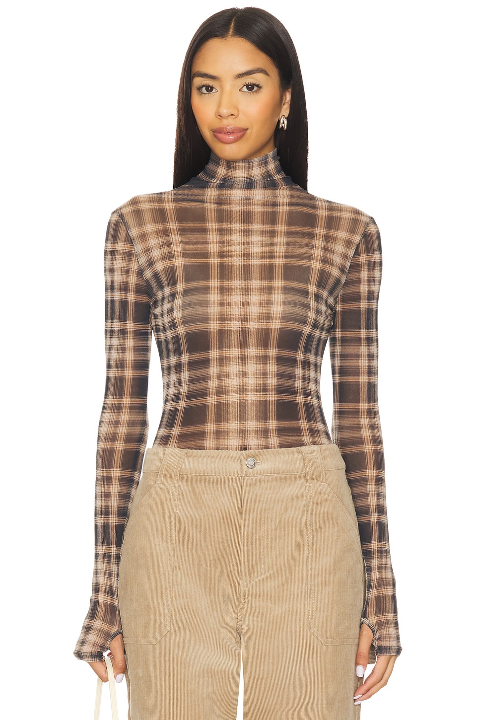Plaid Mesh Long Sleeve Turtleneck Top