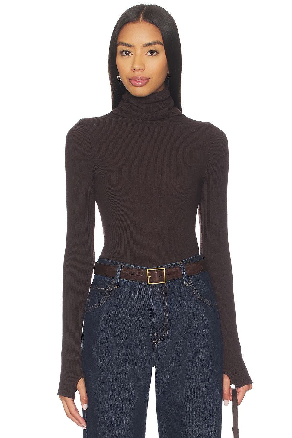 Enza Costa Sweater Knit Turtleneck Top in Bitter Brown | REVOLVE