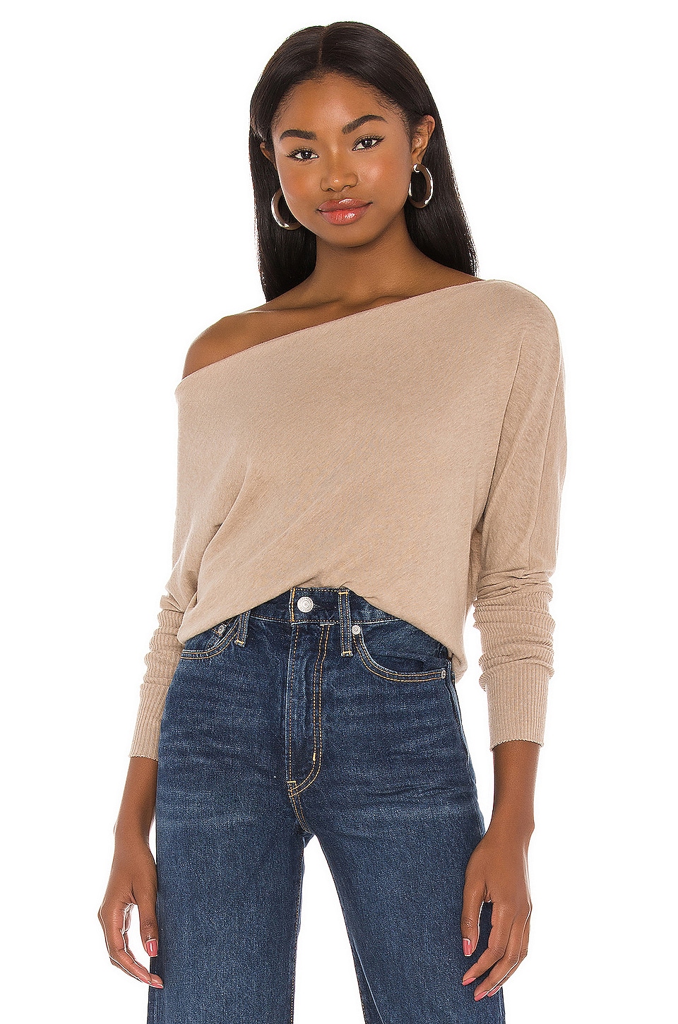 Enza Costa Cashmere Cuffed Off Shoulder Long Sleeve Top in Khaki 