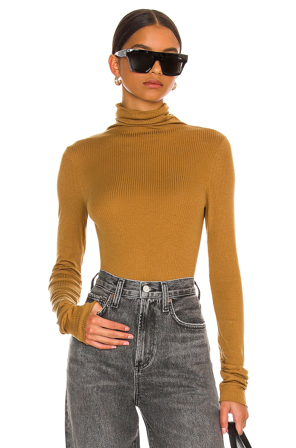 Enza Costa Womens Rib Fitted Long Sleeve Turtleneck Top 