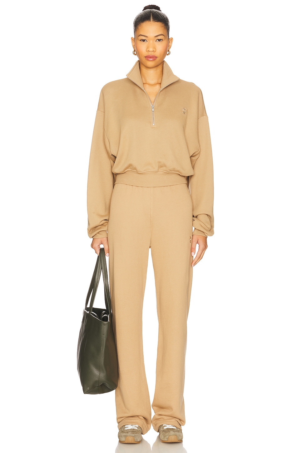 Eterne Cropped Half Zip Sweatshirt in Taupe | REVOLVE