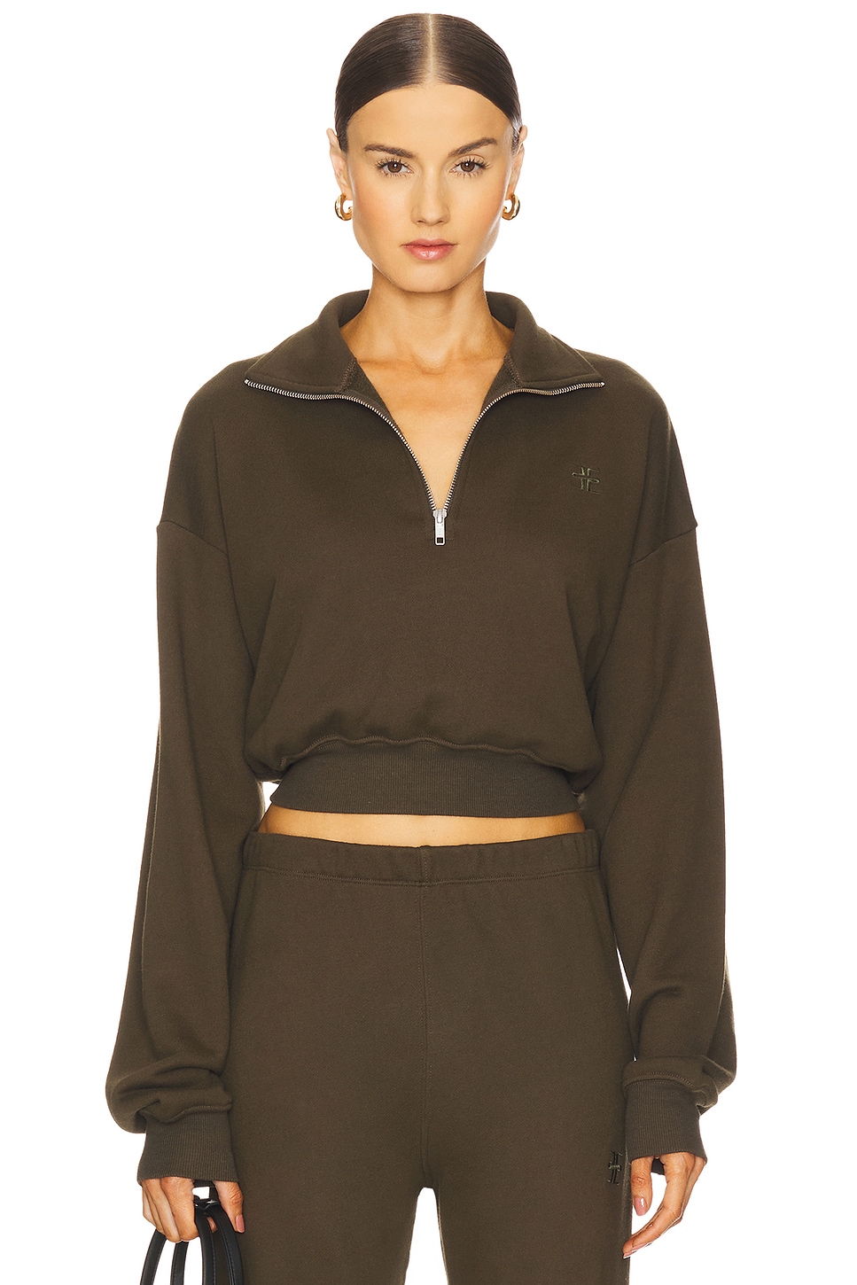 Eterne Cropped Half Zip Sweatshirt in Moss REVOLVE