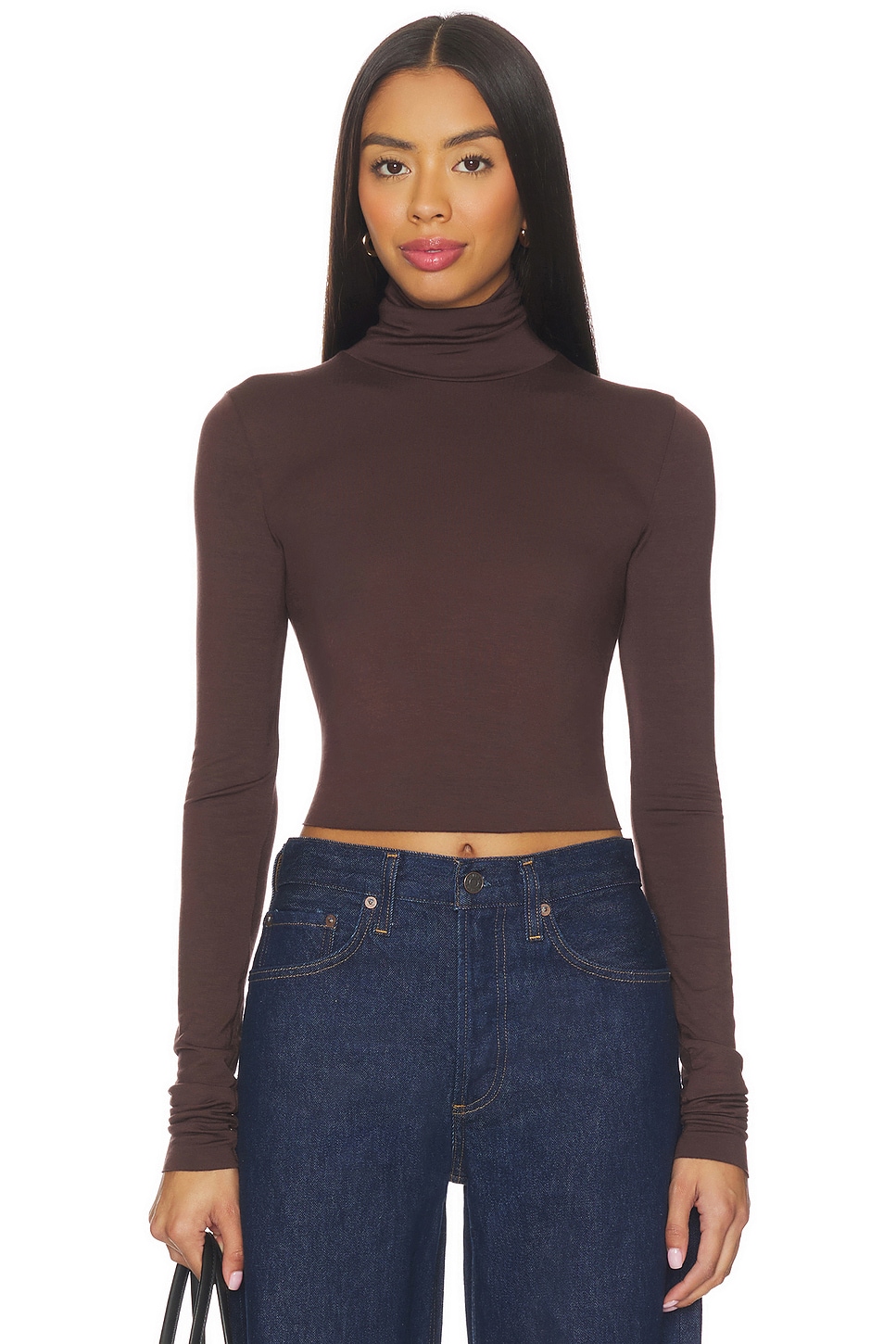Eterne Cropped Fitted Turtleneck Soft Jersey Top in Espresso | REVOLVE