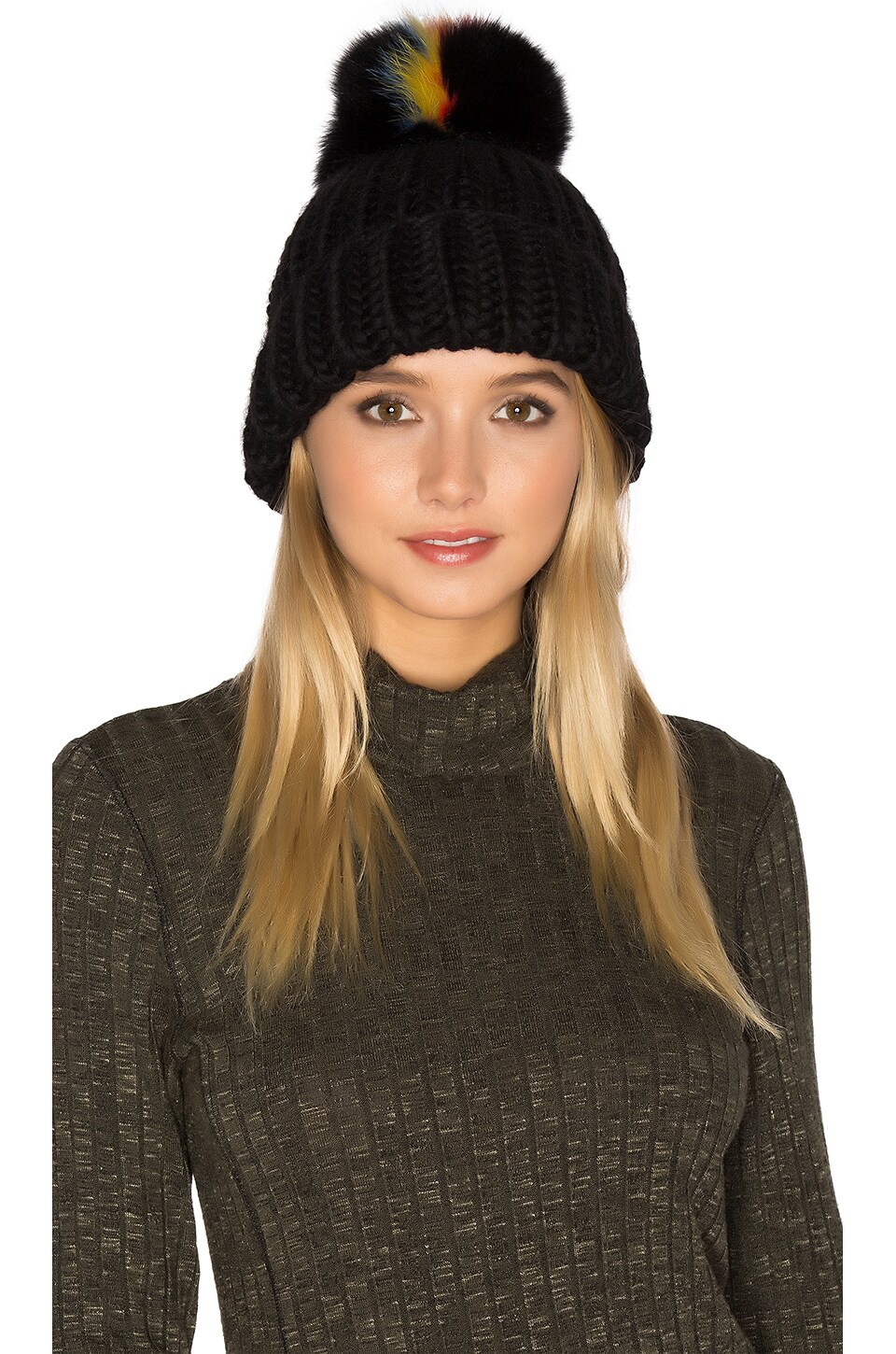 Eugenia Kim Rain Beanie With Fox Fur Pompom in Black