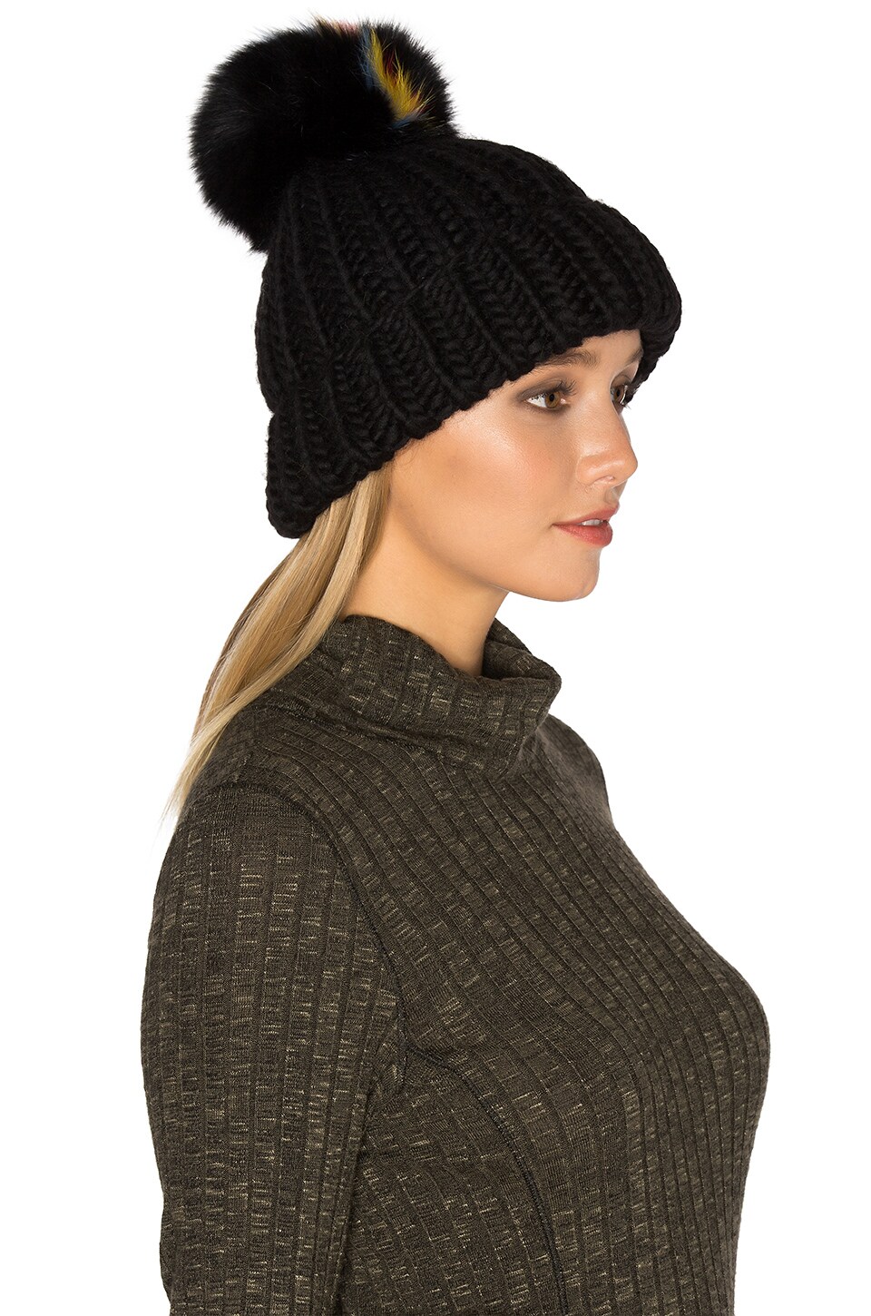Eugenia Kim Rain Beanie With Fox Fur Pompom in Black