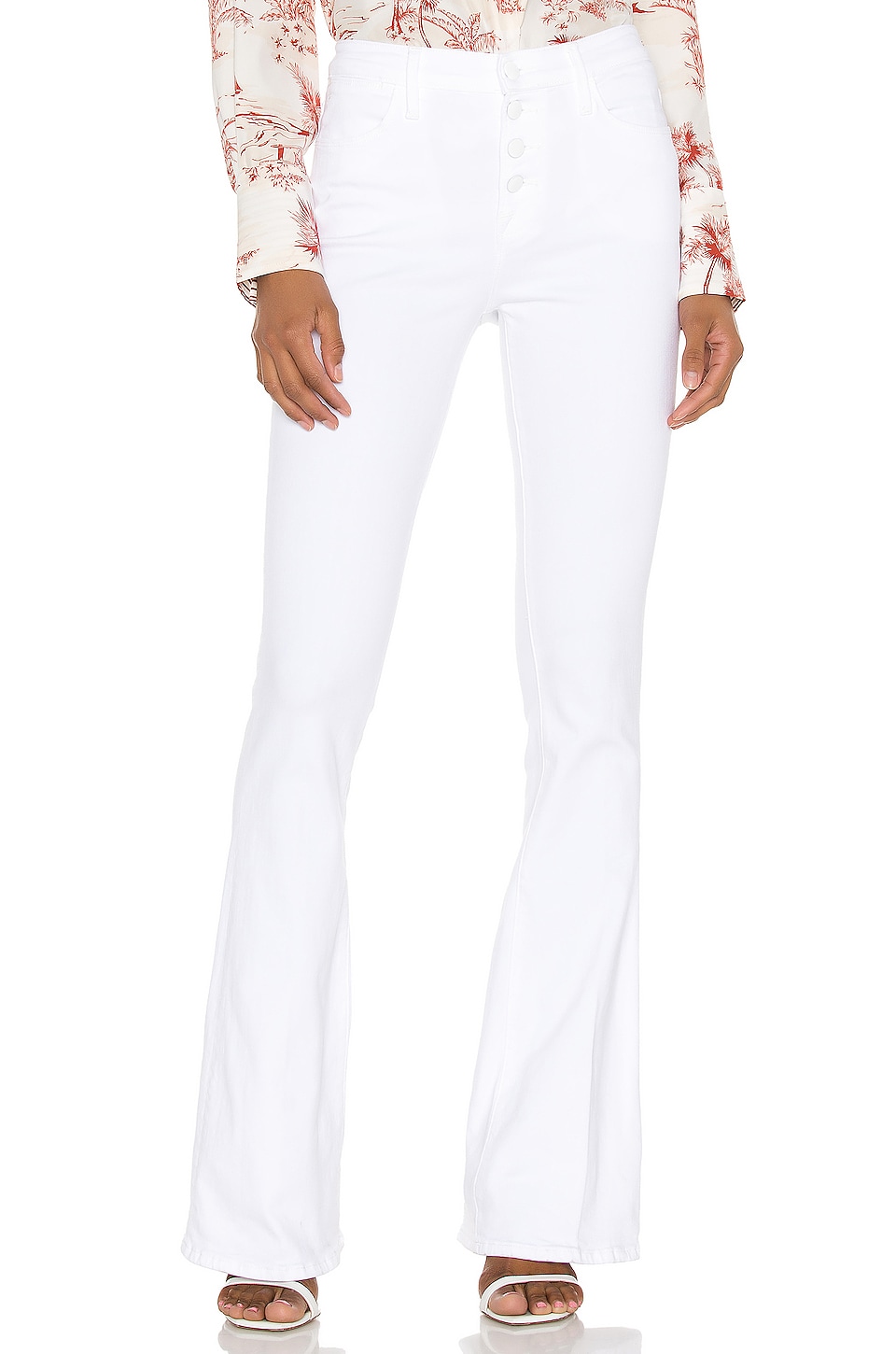 FRAME Le High Flare Exposed Buttons in Blanc | REVOLVE