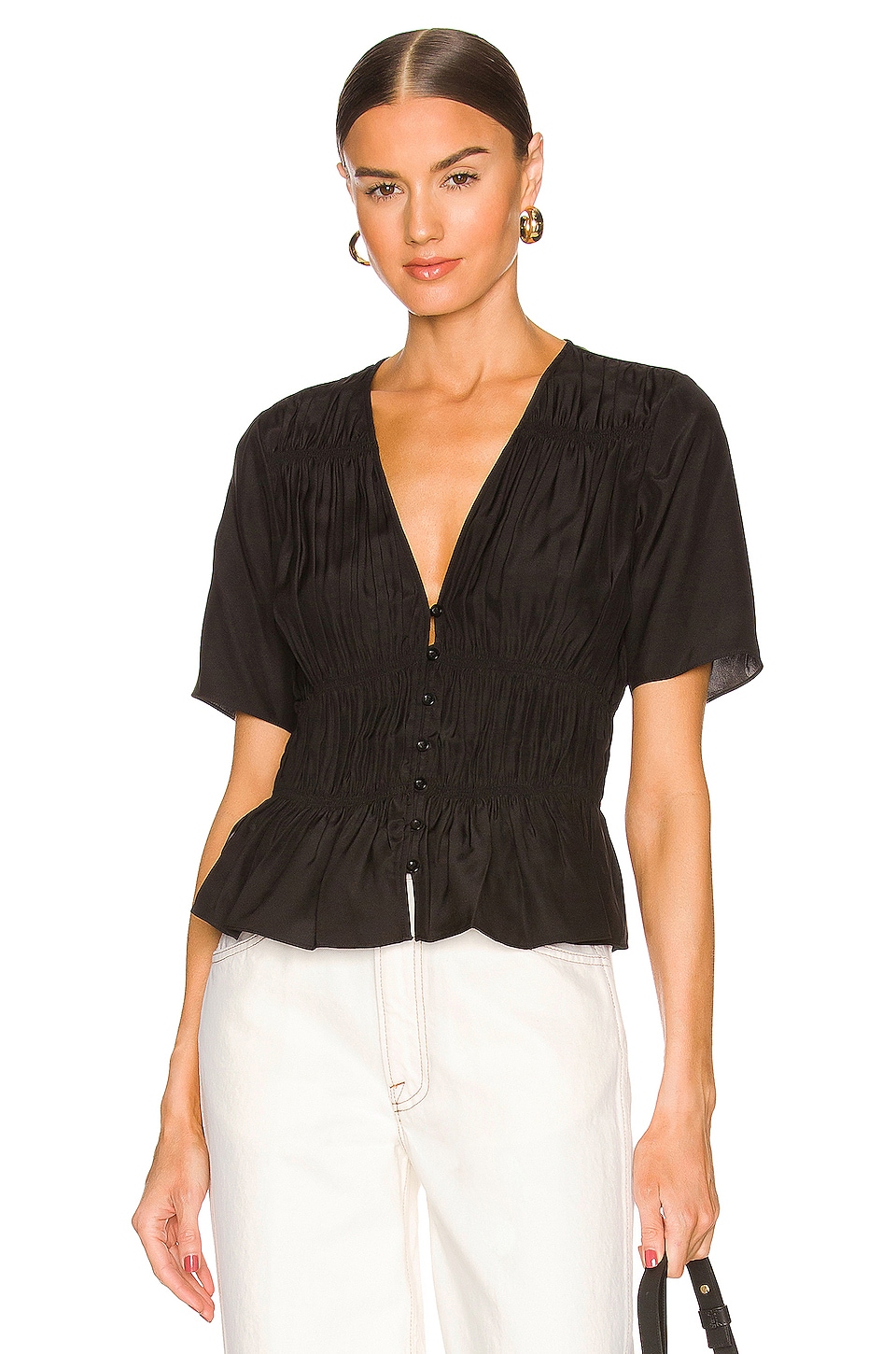 FRAME Ruched Blouse in Noir | REVOLVE