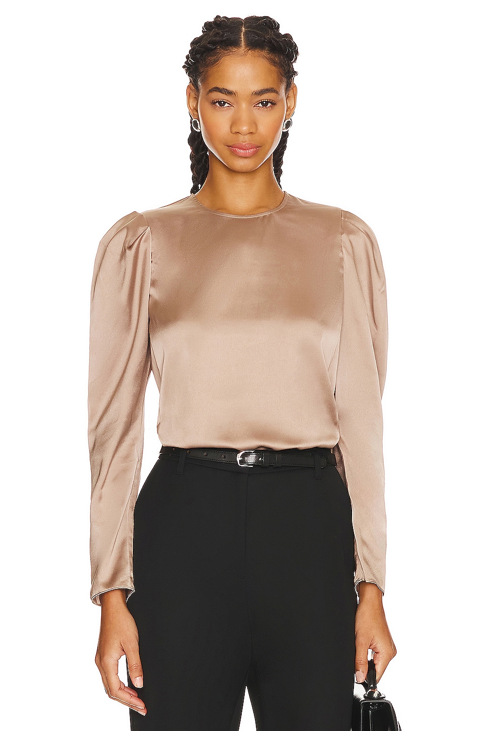 FRAME Draped Femme Blouse in Mocha | REVOLVE