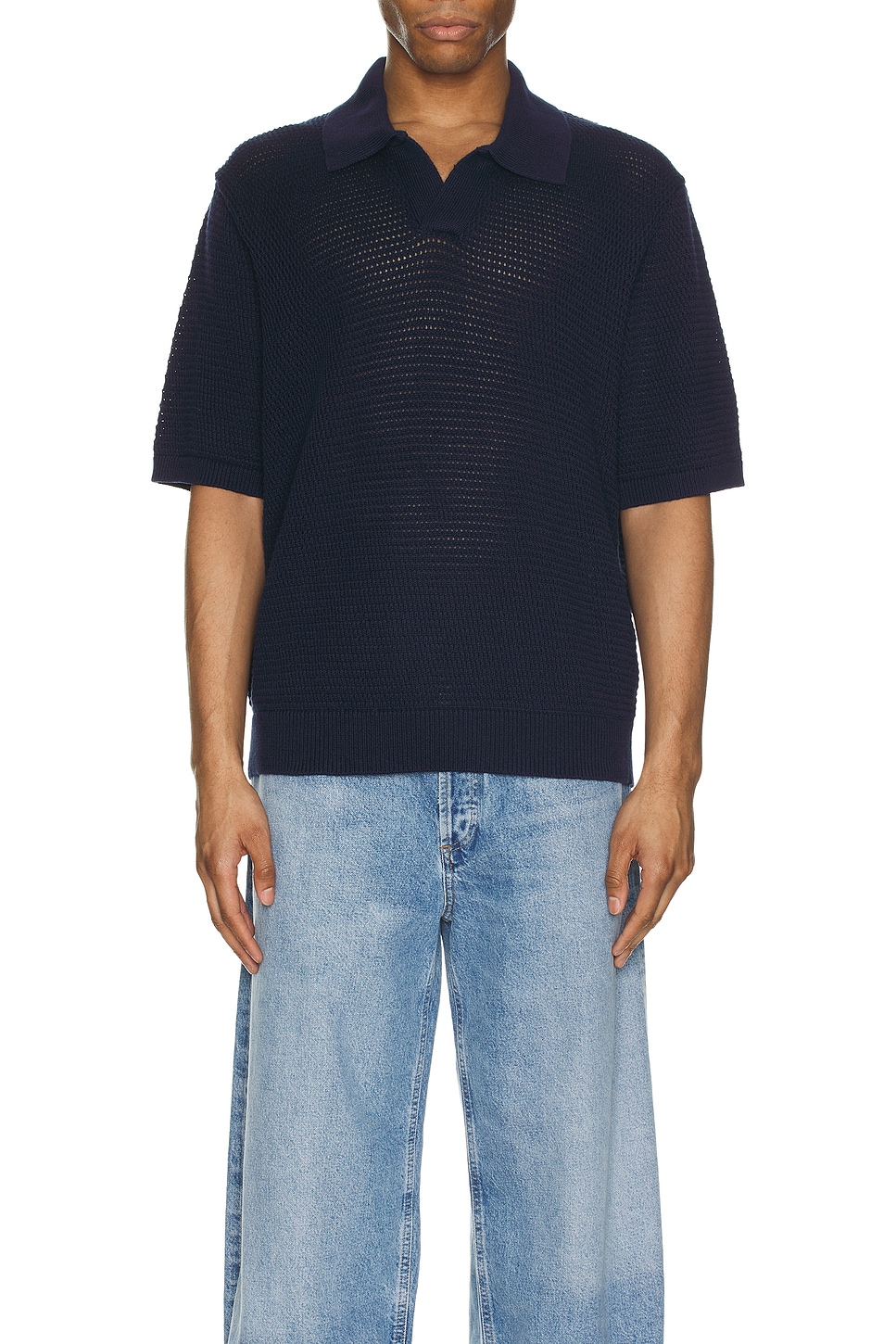☆YALE☆ COMFORT COOL SLIT NECK POLO KNIT BLUE YEM1KT110ABL FRAME Short Sleeve Sweater Polo in Navy | REVOLVE