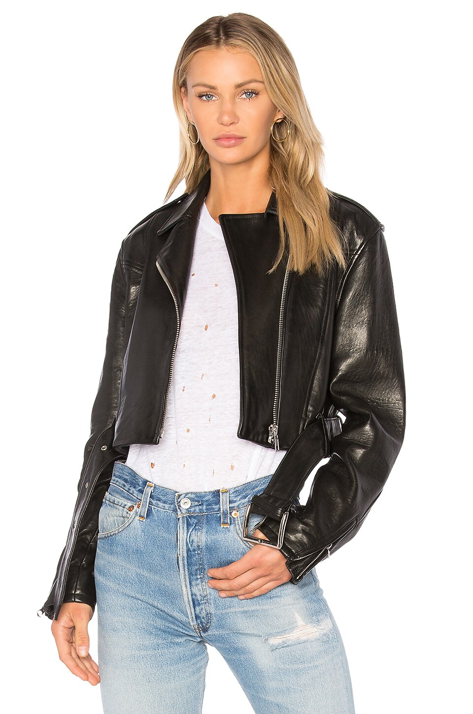 FRAME Denim Crop Moto Jacket in Noir | REVOLVE