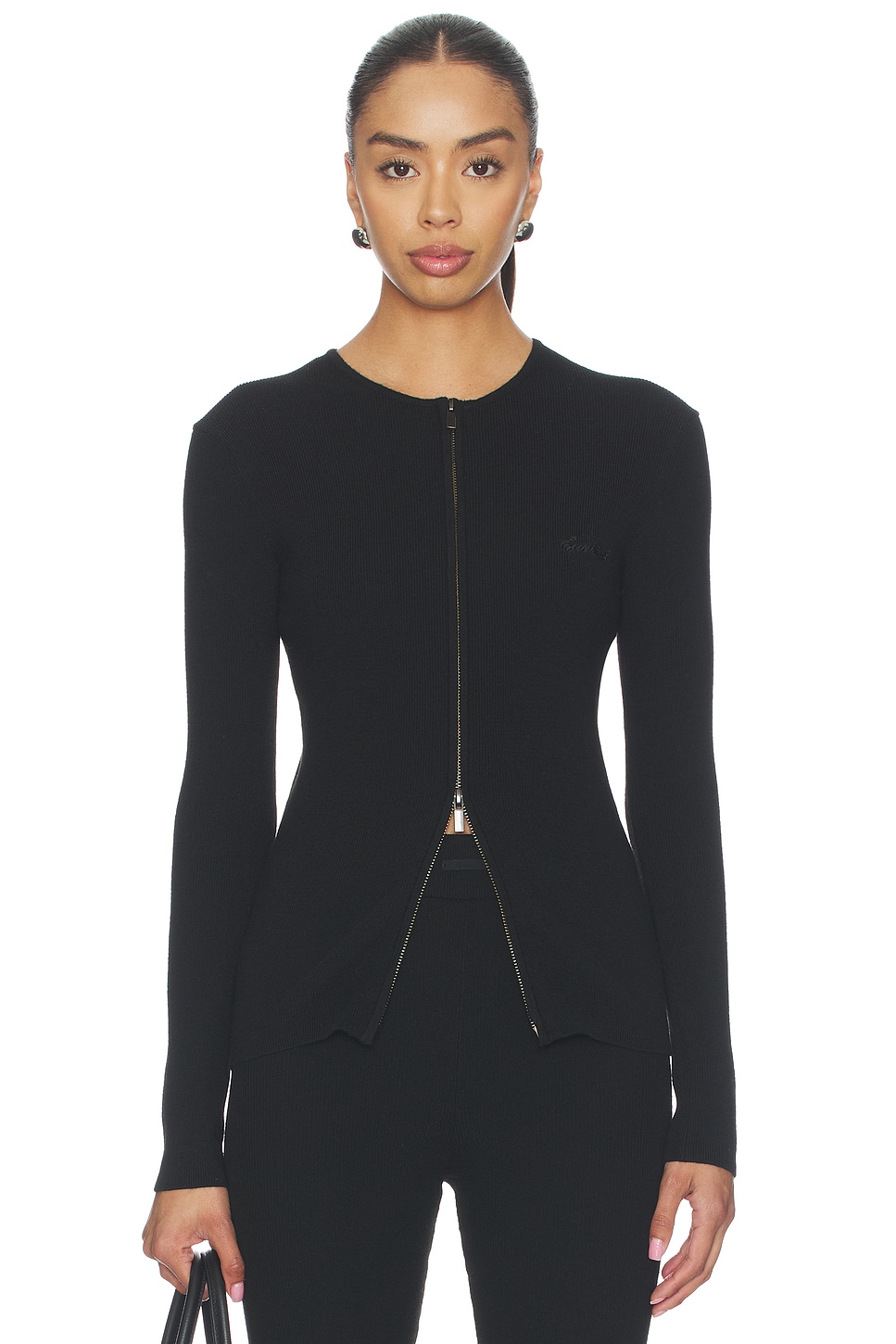Signature Rib Knit Fitted Long Sleeve Zip Up Tee - thumbnail 2