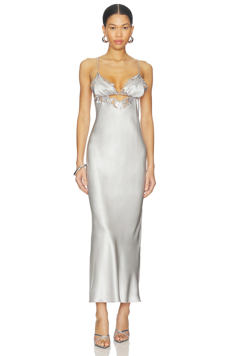 fleur du mal Foil Lily Embroidery Cutout Slip Dress in Platinum | REVOLVE fleur du mal Foil Lily Embroidery Cutout Slip Dress in Platinum | REVOLVE
