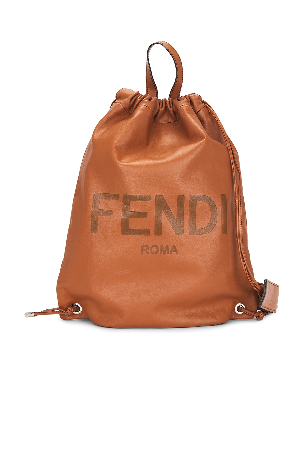 FWRD Renew Fendi Logo Embossed Drawstring Backpack in Brown | REVOLVE