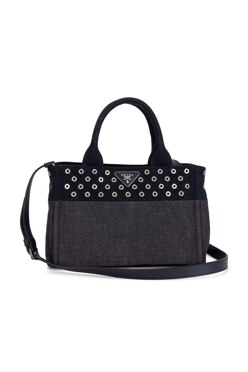 FWRD Renew Prada Studded Denim Canapa Tote Bag in Blue | REVOLVE