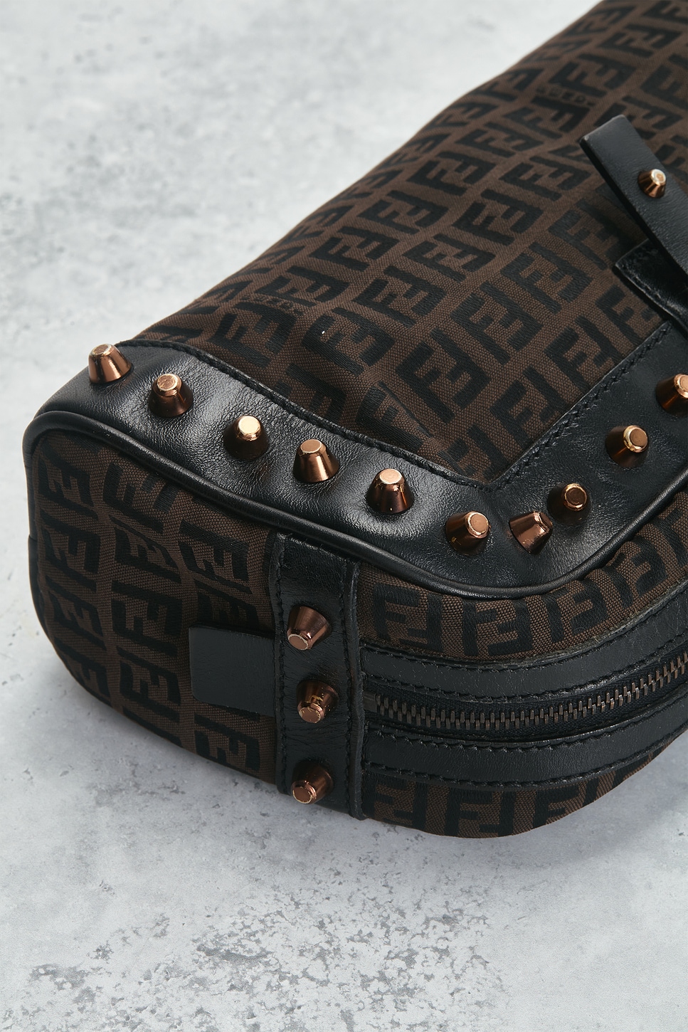 FWRD Renew Fendi Zucchino Studded Bassotto Shoulder Bag in Black