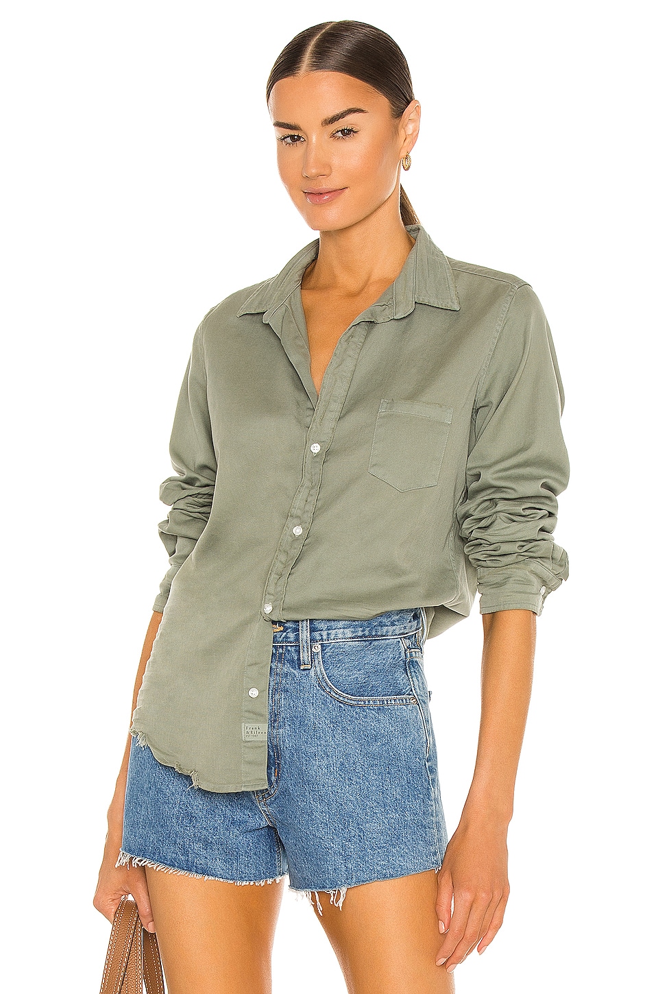 Frank & Eileen Barry Woven Button Up in Sage Tattered Denim | REVOLVE