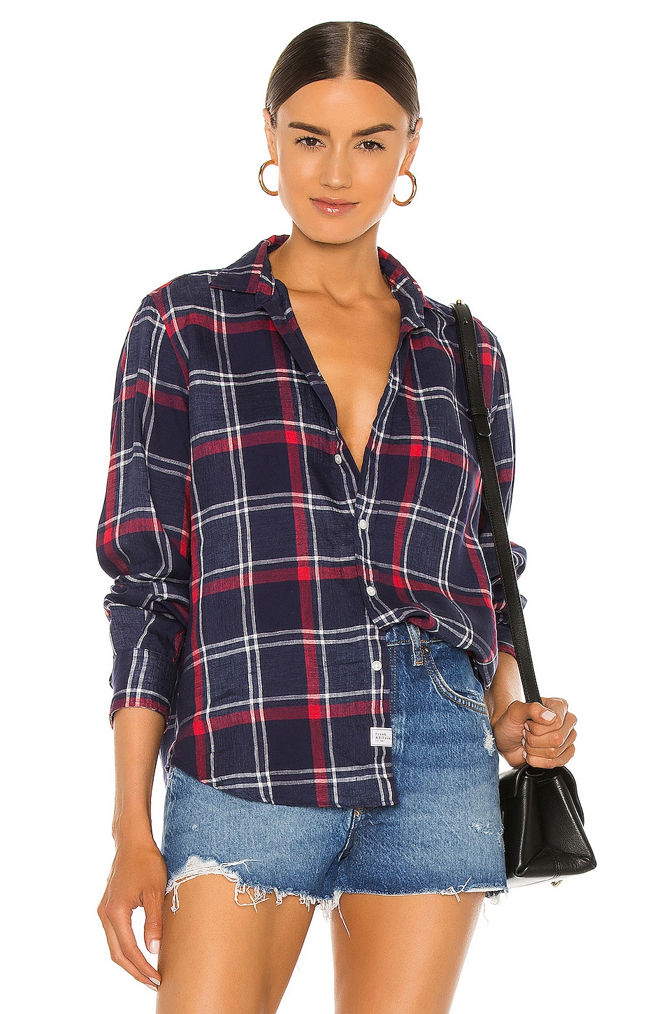 Frank & Eileen Eileen Woven Button Up in Large Navy Plaid Linen | REVOLVE