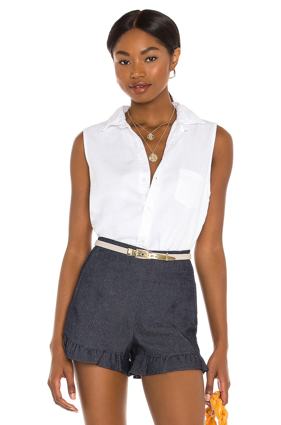 Frank & Eileen Fiona Woven Button Up Top in White Tattered Denim | REVOLVE