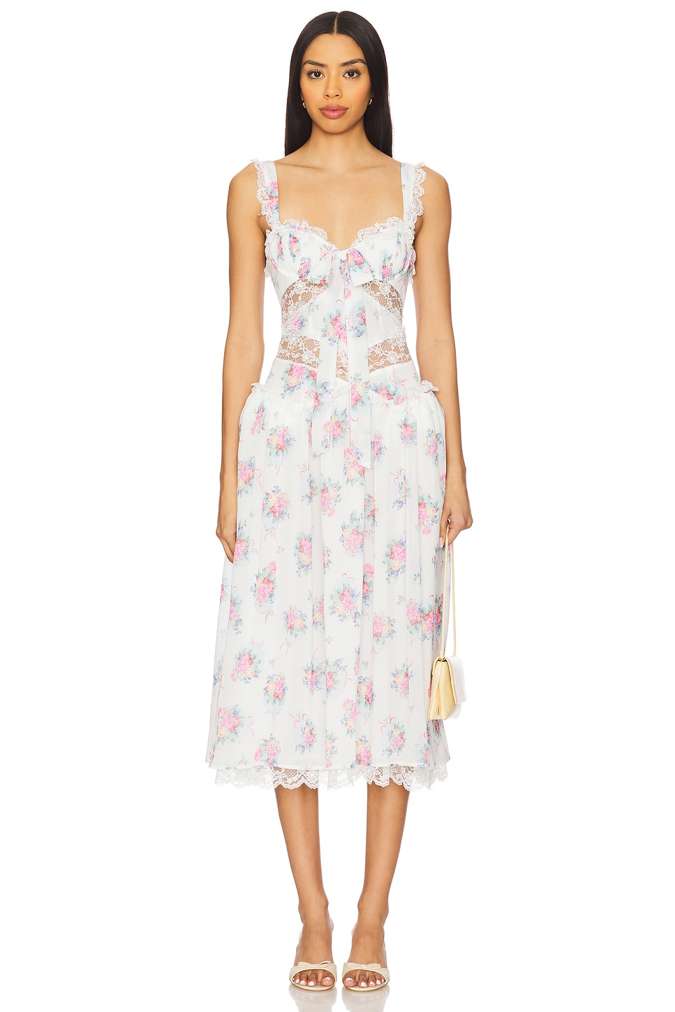 knee length dresses for ladies Pink And White Floral Print Shirred Straps Tiered Midi Dress – AX Paris main image 1