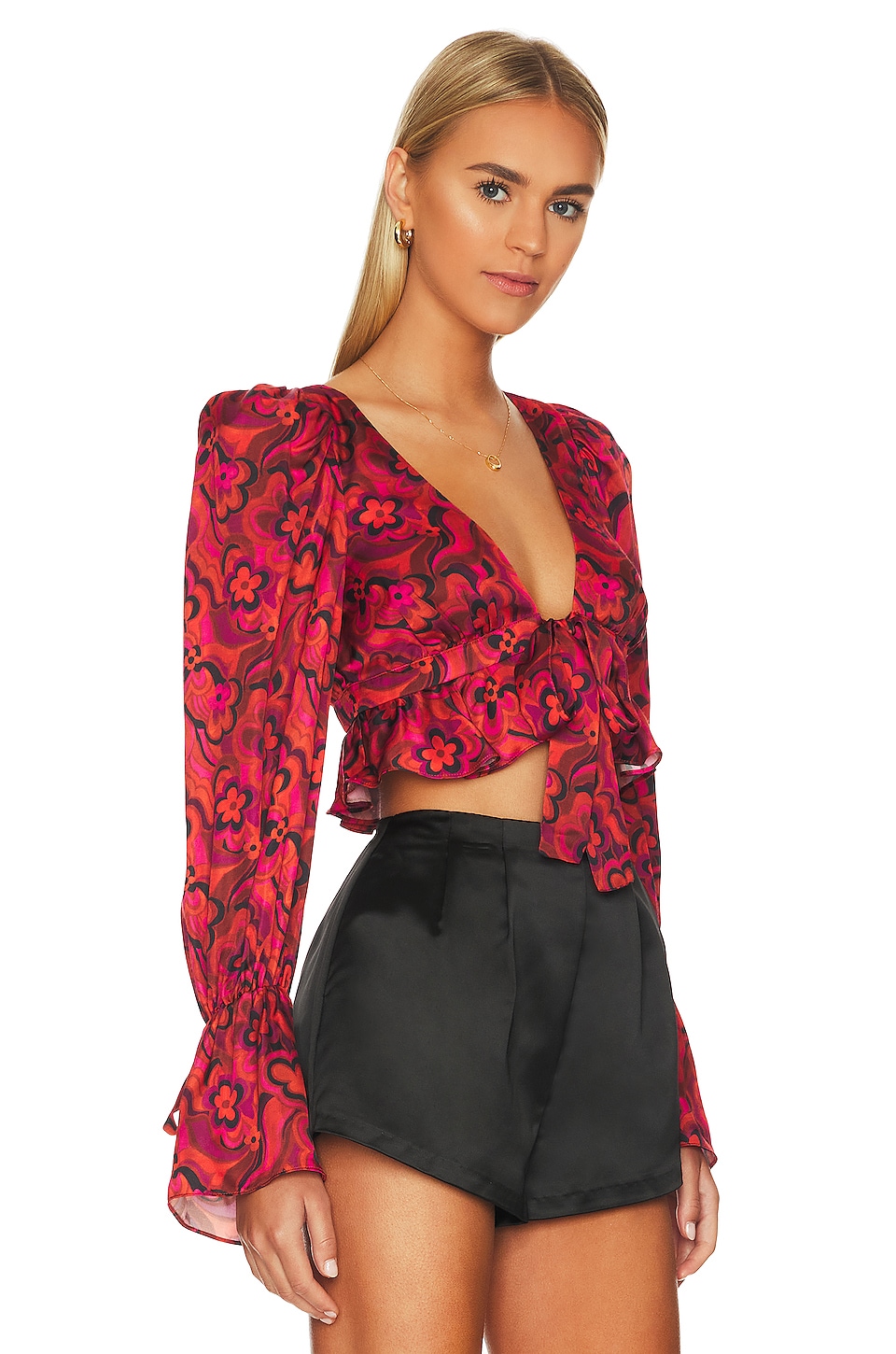 For Love & Lemons Davina Tie Front Blouse in Red