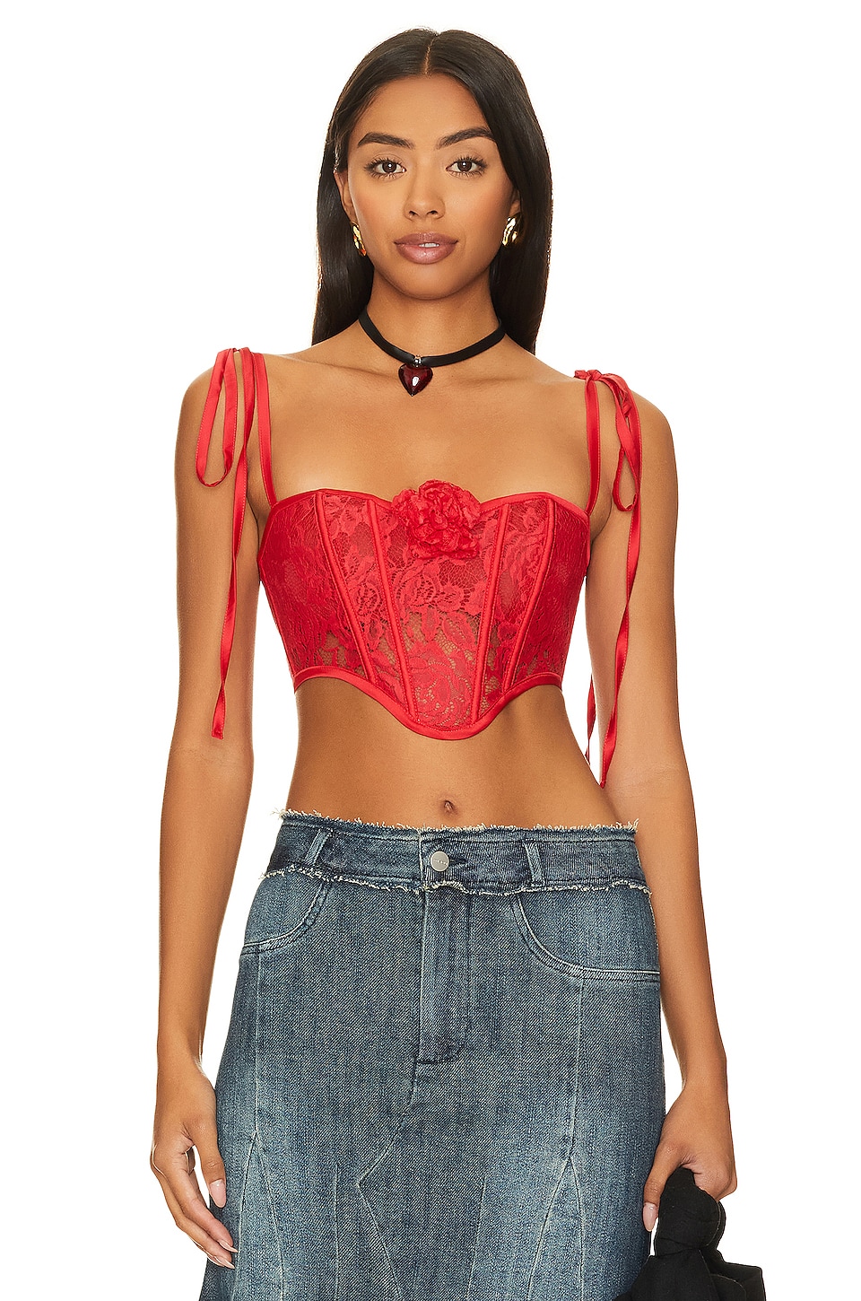 Red Spaghetti Strap Lace Bustiers Sweetheart Corset Crop Tops