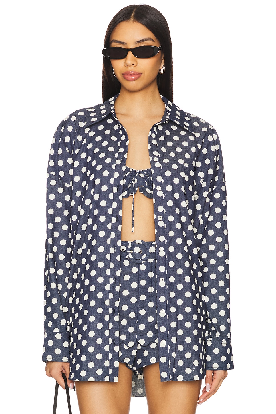 For Love & Lemons Dolly Dot Denim Button-down Top