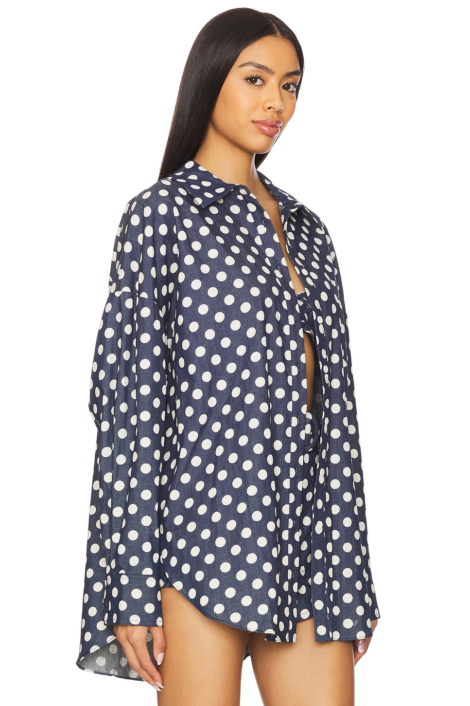 For Love & Lemons Dolly Dot Denim Button-down Top