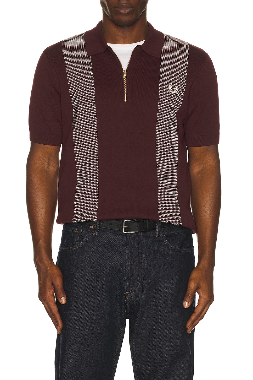 Fred Perry Panel Detail Knitted Polo Shirt in Oxblood | REVOLVE
