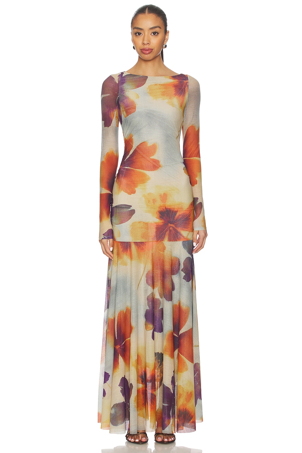 knee length dresses for ladies Tangerine Long Sleeve Maxi Dress – Taroth main image 1