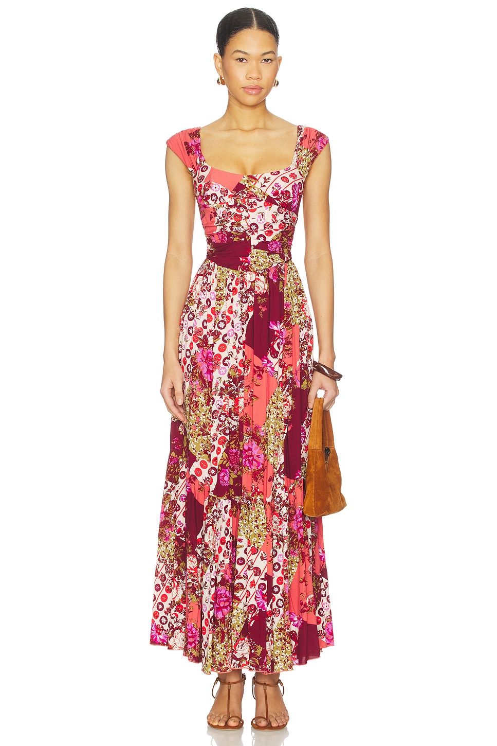 free people red and pink dress Free People puff sleeve floral print tiered midaxi dress in magenta pink