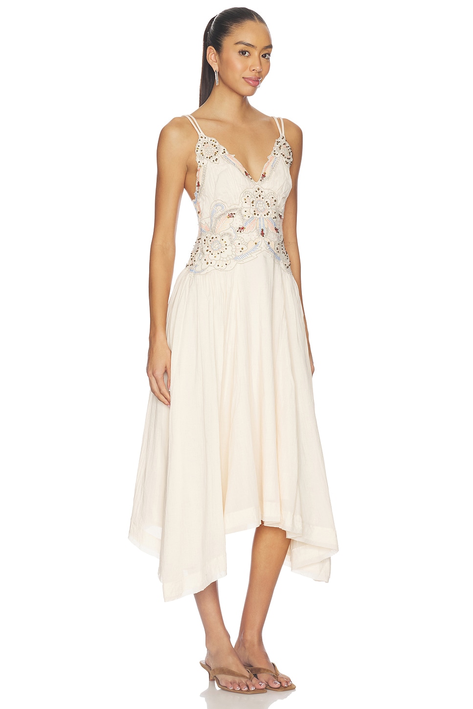 sachin and babi light blue dress Postcard Floral-Appliqued Linen-Silk Midi Dress By Zimmermann