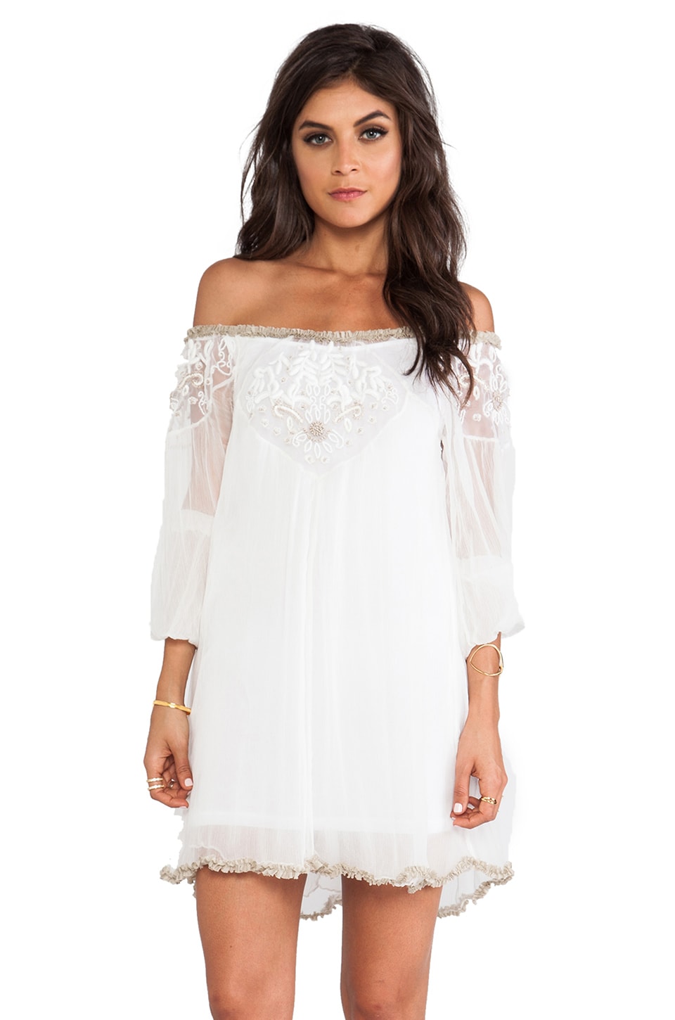 Free People Embellished Off The Shoulder Tunic in Ivory Combo | REVOLVE
