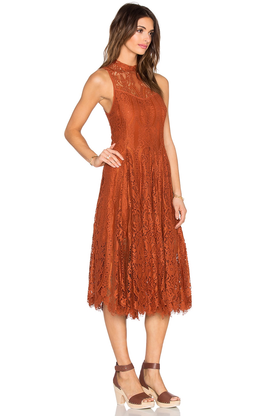 Free People Lace Trapeze Midi Dress in Copper | REVOLVE