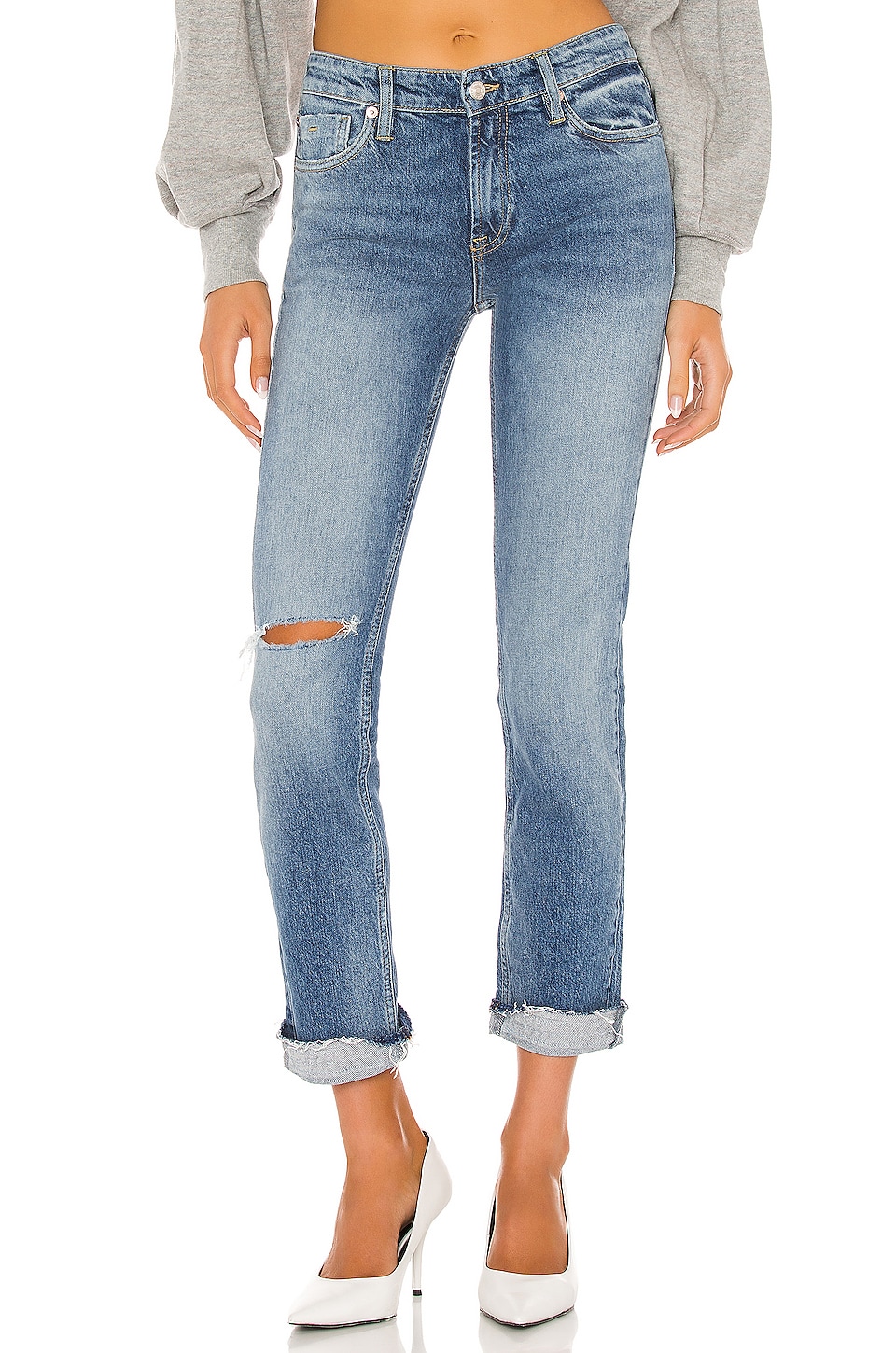 Free People Cuffed Slim Boyfriend Jean in Mid Blue | REVOLVE