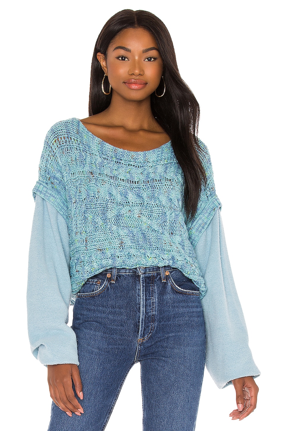 Free People Honey Cable Pullover in Siren Blue Combo | REVOLVE