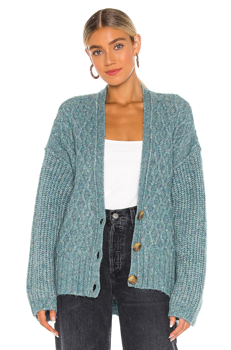 Free People Molly Cable Cardi in Tropical Teal | REVOLVE