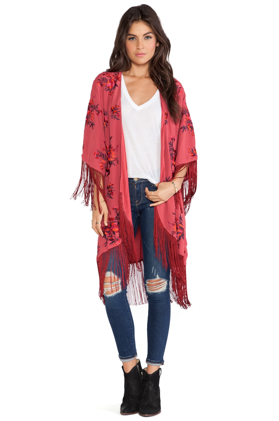 Free People Floral Embroidered Kimono in Red | REVOLVE