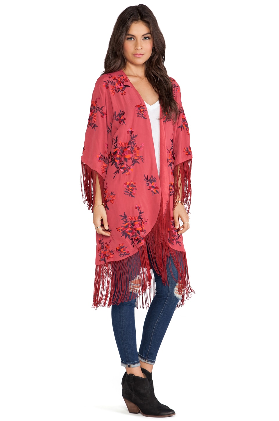 Free People Floral Embroidered Kimono in Red