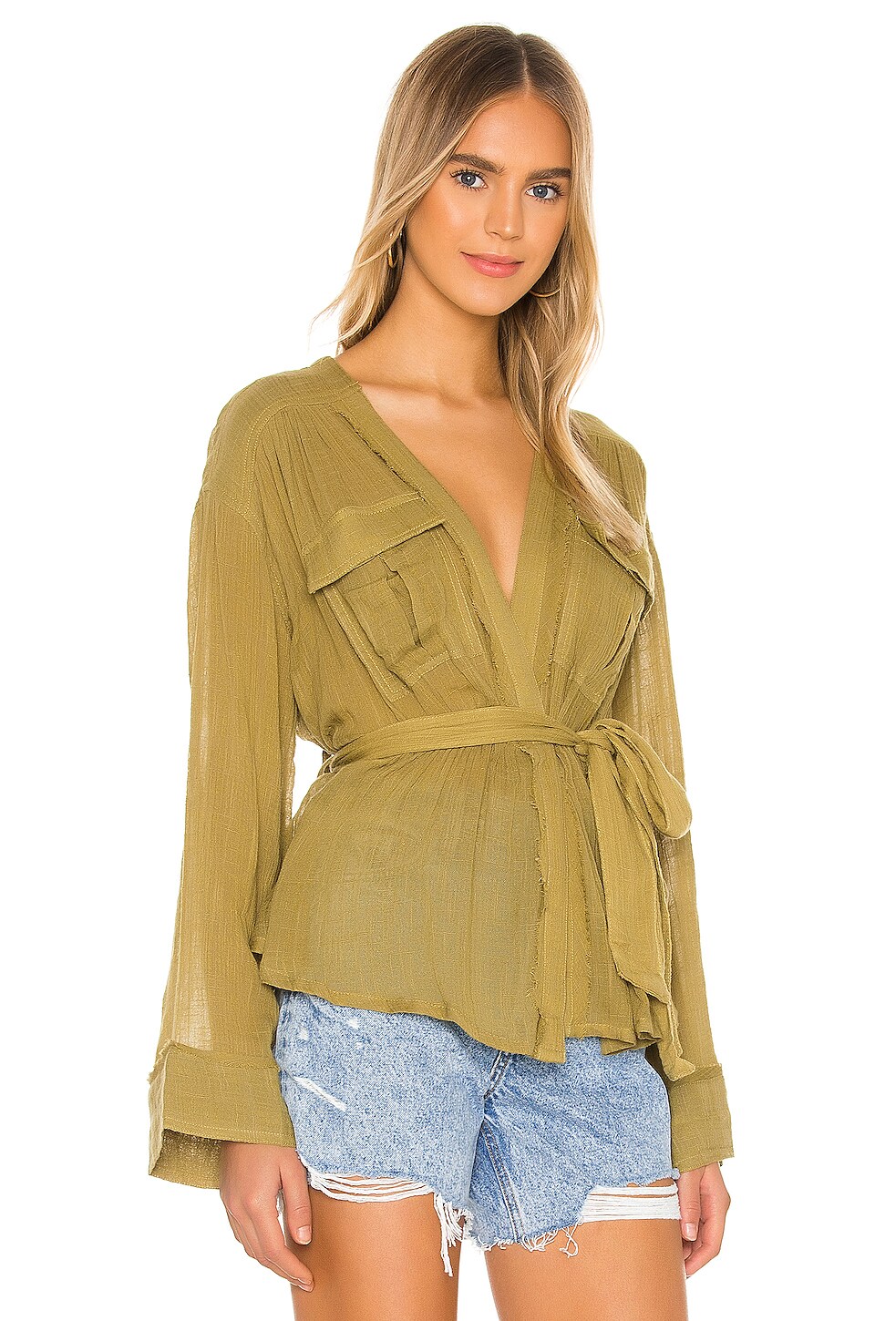 Free People Safari Sheer Wrap Top in Olive