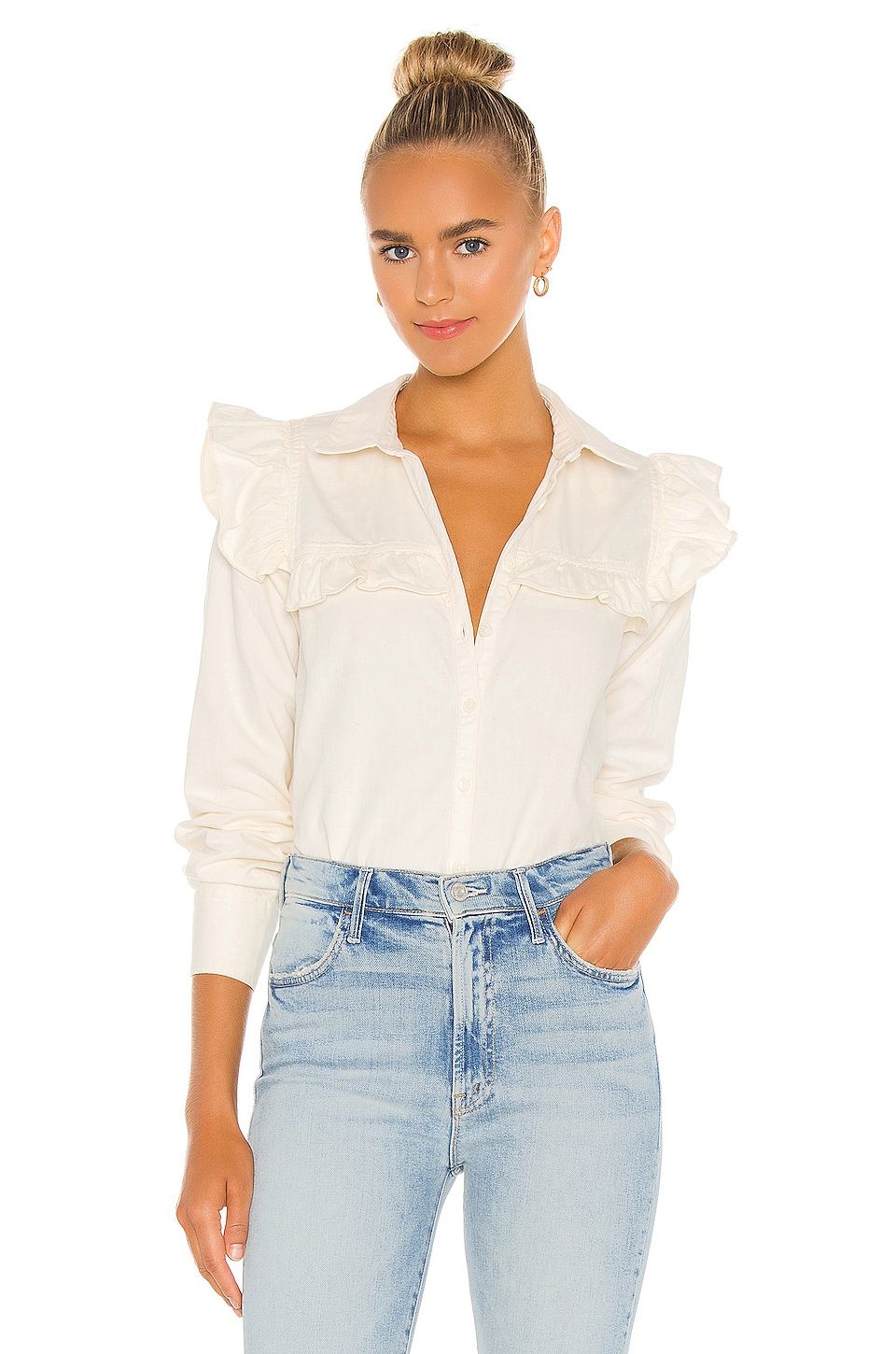 Free People Samantha Ruffle Button Down in Ecru Wash REVOLVE